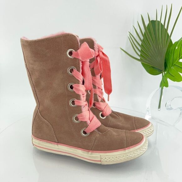 Converse All Star Chuck X-HI Boots US 2 Tan Suede Pink Faux Shearling Lace Up - Picture 1 of 12